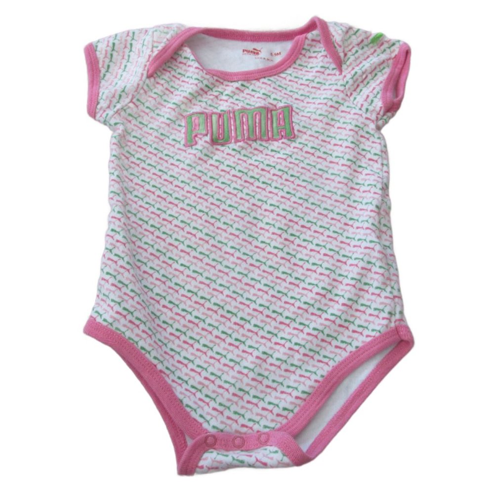 Puma One‎ Piece Bodysuit Infant Girls Size 6-9M Pink White Striped Short Sleeve
